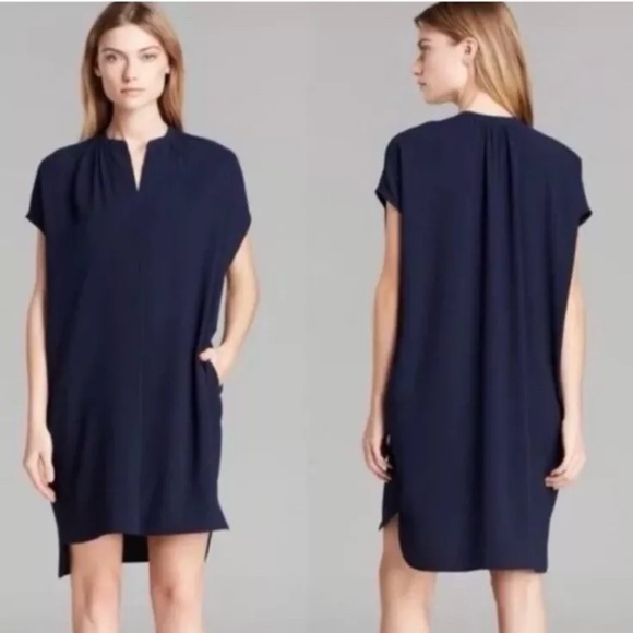 Vince High-Low Navy Split Neck Popover Tunic Dress W/ Pockets Size S - Picture 1 of 10
